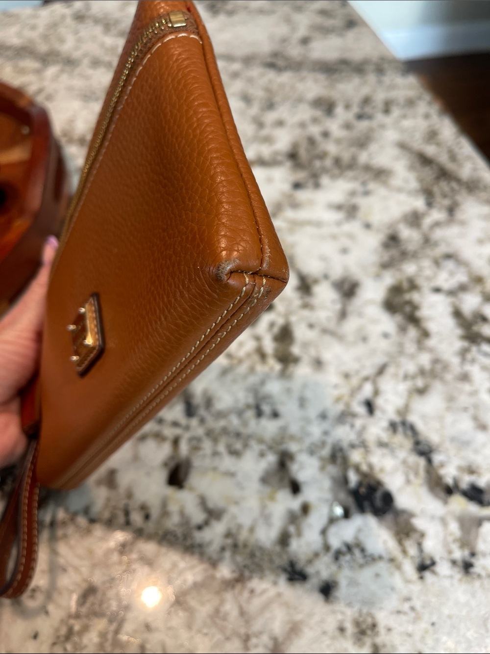 Dooney & Bourke Cognac Pebbled Leather Wristlet with Tassels - Picture 3 of 9